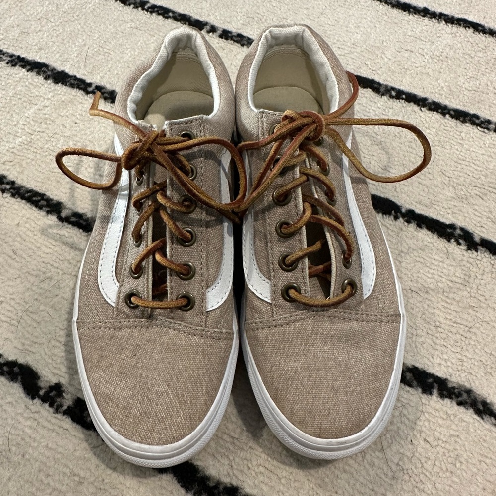 Low top Van, Tan and white with camel colored leather laces/ women size 6